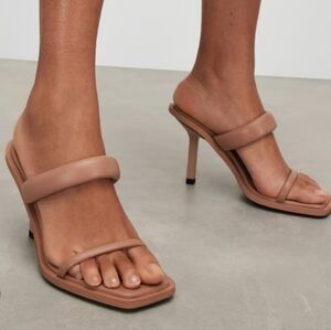 All Saints Heeled Sandals 10 tan leather Ava Padded Puffy Straps Mules New $285